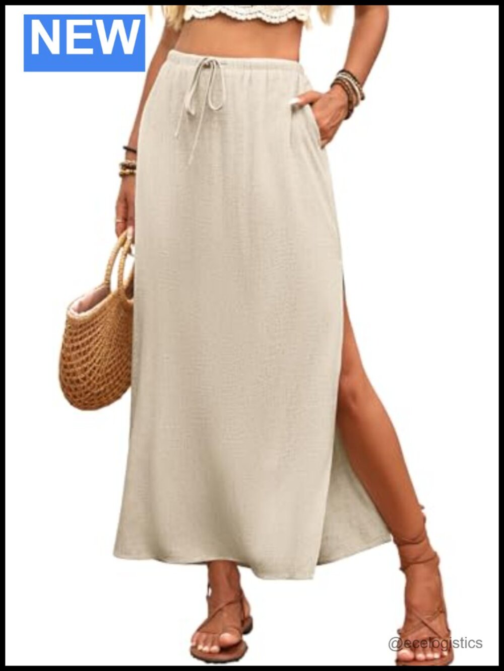 ELLEVEN Linen Maxi Skirt with Side Slit, 85% Rayon 15% Linen